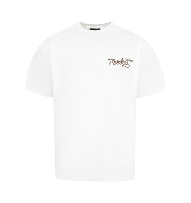 Image 1 of 2 - WHITE - MARKET Lasso Lockup Graphic T-Shirt featuring a relaxed fit, crewneck, short sleeves and graphic on front and back. 100% cotton.