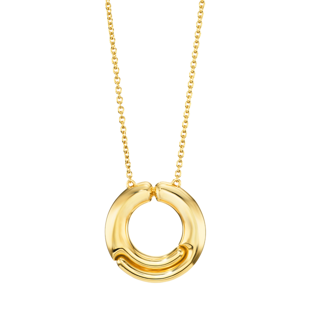 Image 1 of 3 - GOLD - Pamela Zamore Holos Circle Necklace featuring two sculptural halves of a piece interlocking to become one. Hand-finished. 18K yellow gold, 30g. Pendant diameter 35mm. Length: 18/20. Hirshleifers offers a range of pieces from this collection in-store. For personal consultation and detailed information about jewelry, please contact our dedicated stylist team at personalshopping@hirshleifers.com. This item may be restricted for online purchase to international clients. For assistance purc