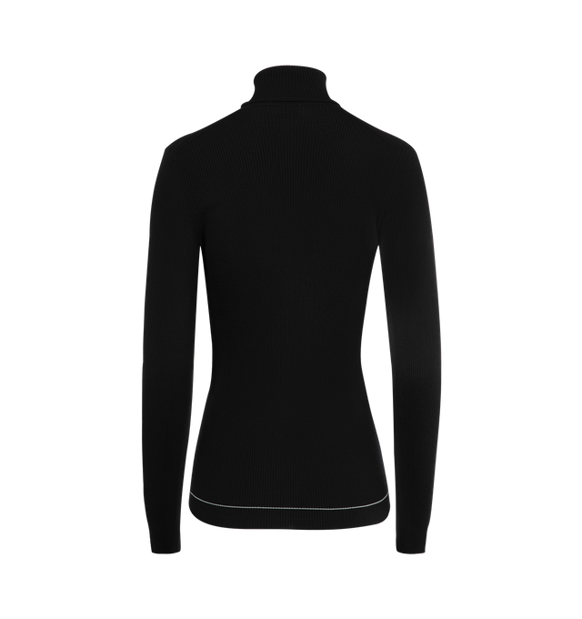 Image 2 of 2 - BLACK - MONCLER Logo Wool Turtleneck Sweater featuring Merino wool, rib knit, gauge 18, turtleneck and jacquard logo detail. 100% virgin wool. Made in Romania.