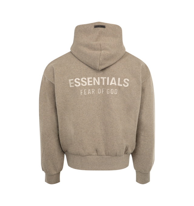 Image 2 of 2 - BROWN - FEAR OF GOD ESSENTIALS Classic Fleece Hoodie featuring 380gsm core fleece, classic fit with signature Fear of God relaxed proportions, new "Essentials Fear of God" beveled metallic logo is branded across the back, double-layer hoodie, kangaroo pocket, rib-knit cuffs, waist-hem and rubberized label on the hood and sleeve. 80% cotton, 20% polyester fleece.