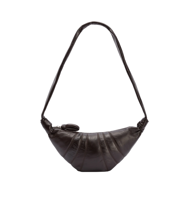 Image 1 of 2 - BROWN - LEMAIRE Small Croissant Bag featuring side knot finishings, embossed logo inside, lining in cotton canvas, metal looped zip puller, small interior patch pocket and main compartment. 14 in x 6 in x 2 in. 100% lamb. Made in Spain.