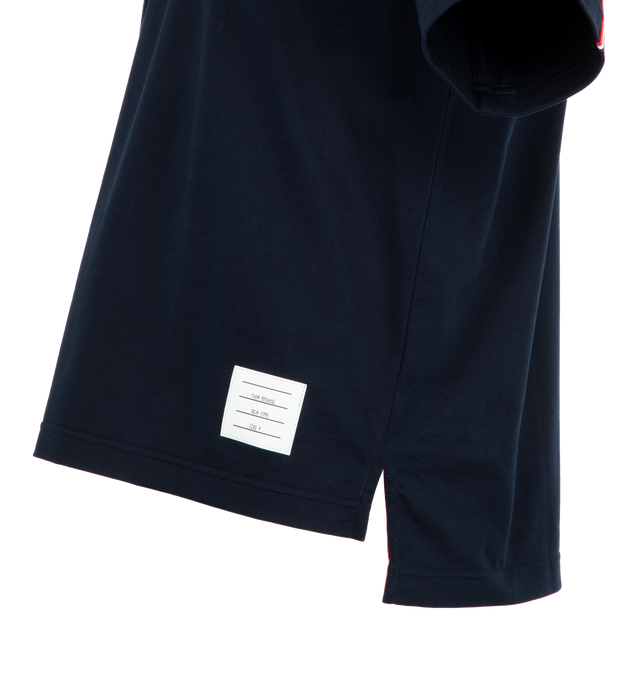 Image 3 of 3 - NAVY - THOM BROWNE RWB Trim Oversized Tee featuring short sleeves, crew neck, oversized fit, side slits and RWB stripe. Cotton.