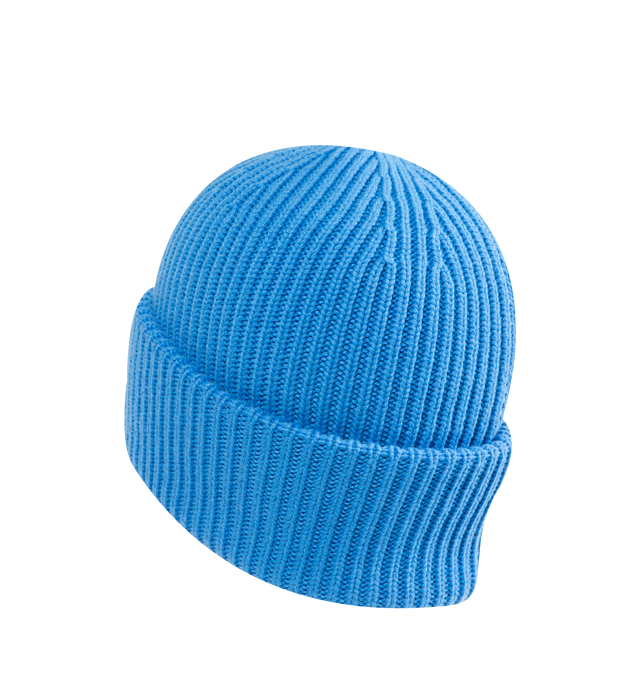 Image 2 of 2 - BLUE - MONCLER Beanie featuring a wool and cashmere blend, brioche stitch, gauge 3 and a felt logo patch. 70% virgin wool, 30% cashmere. Made in Italy.