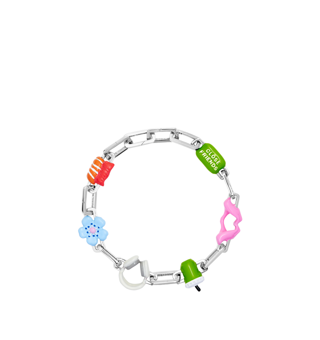 Image 1 of 9 - MULTI - Poubel by The Gstaad Guy Colton completed bracelet set. An ode to the hypebeast homies, matcha wifeys, and everything in between, The Colton Completed Set includes: 1x Close Friends Charm, 1x Heart Hands Charm, 1x Iced Matcha Charm, 1x Headphones Charm, 1x Fleur Bleue Charm (also known as The Blue Flower), 1x Sushi Charm, 9x interchangeable sterling silver links. Poubel links are made with recycled, rhodium plated, sterling silver, comprised of 92.5% pure silver and 7.5% other metal