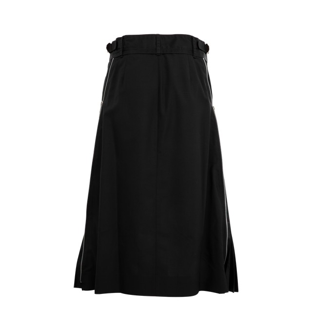 Image 2 of 3 - BLACK - SACAI Suiting Mixed Media Midi Skirt featuring zipped side slits reveal pleated panels, zip fly with button closure, front flap pockets and adjustable waist. 70% polyester, 30% wool with 100% nylon contrast. Made in Japan.