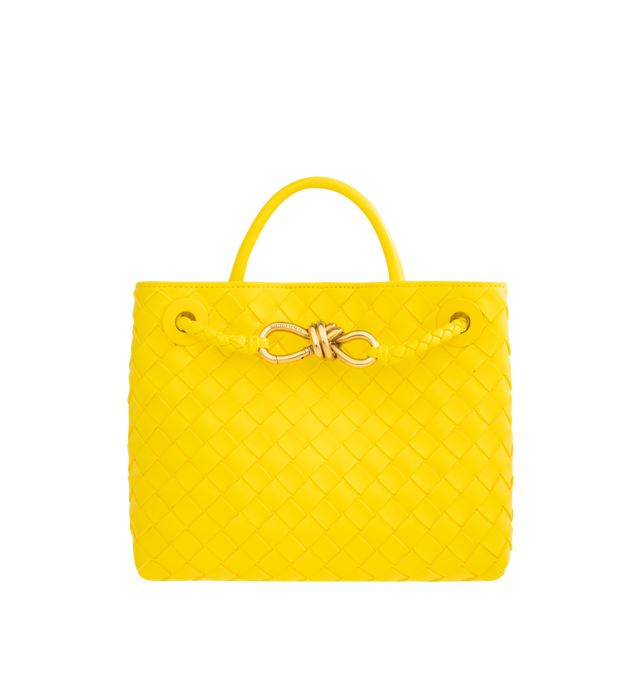Image 1 of 4 - YELLOW - Bottega Veneta small Andiamo handbag featuring intrecciato leather with leather top handle, sliding cross-body strap, compartmented interior with one zippered pocket, two open pockets and magnetic closure. 7.9" x 9.8" x 3.9". 100% lambskin. Made in Italy.