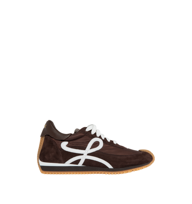 Image 1 of 5 - BROWN - Loewe Flow lace-up runner in  suede calfskin and nylon, featuring an L monogram on the quarter. The textured honey-coloured rubber outsole extends to the toe-cap and on to the back of the heel. Gold embossed LOEWE logo on the backtab. Made in: Italy. 