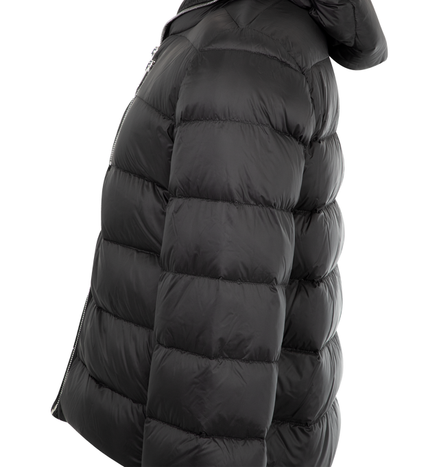 Image 3 of 3 - BLACK - Rick Owens Gimp heavyweight duvet jacket crafted from black matte nylon in a hip-length with long sleeves. Featuring horizontal stitching lines, zippered chest pocket, slit side pockets, and a center-front zipper that runs up all around the hood, so that it can close completely around your face. 100% nylon, water repellent with 100% new wool knit rib cuffs, 100% cotton pocket lining.90% goose down / 10% mallard feather fill.