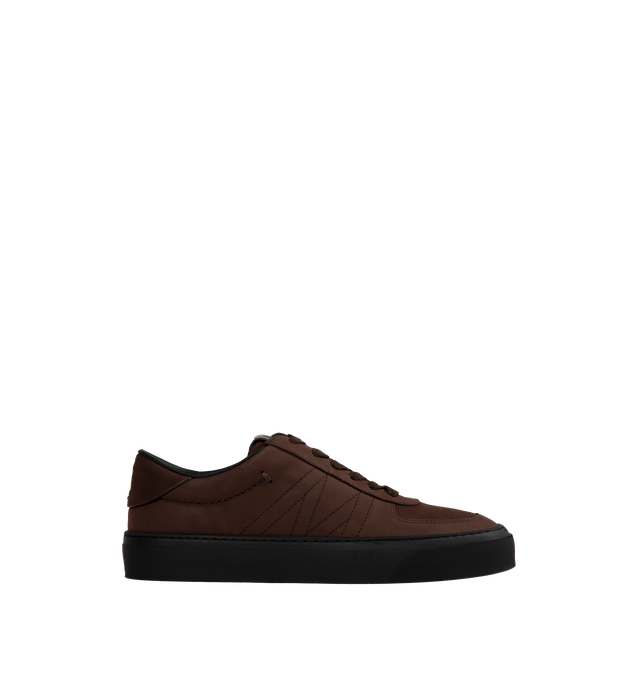 Image 1 of 5 - BROWN - MONCLER Monclub Sneakers featuring low top silhouette, branding on the tongue and heel, lace closure, nubuck upper, leather insole and rubber sole.