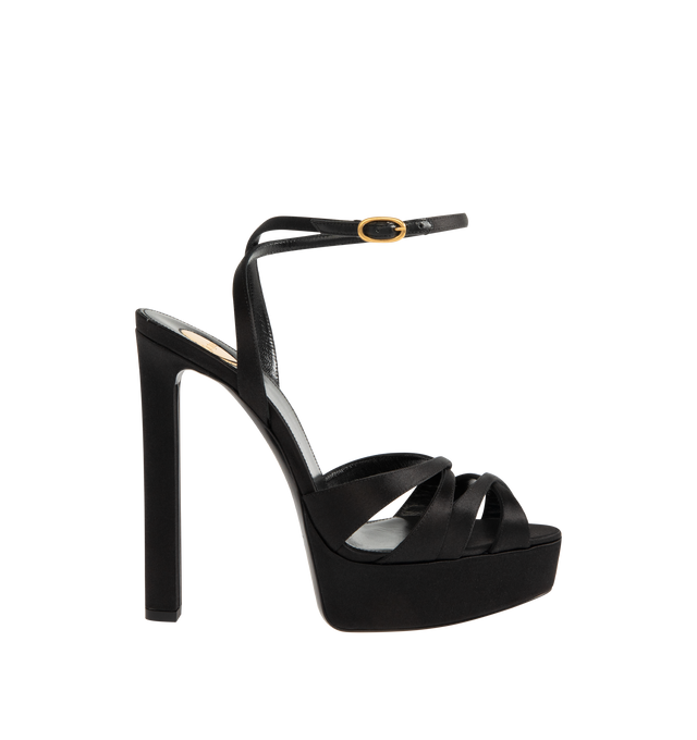 Image 1 of 4 - BLACK - SAINT LAURENT Chandelle Platform Sandals in satin crepe featuring platform sandals with a crisscrossed almond toe, covered block heel, an adjustable ankle strap, certified silk and viscose, leather sole and round saint laurent-engraved metal plaque on the insole. Total heel height: 5.5 inches. Platform height: 1.2 inches. Viscose/silk. Made in Italy.