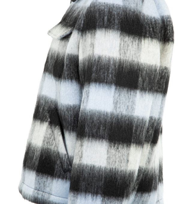 Image 3 of 3 - BLUE - SECOND LAYER Jefe Jacket featuring relaxed fit, hip length jacket, a wool blended vintage inspired shadow check, zip front, chest flap pockets and welted front pockets. 70% polyester, 30% wool. Made in Italy.Size5244