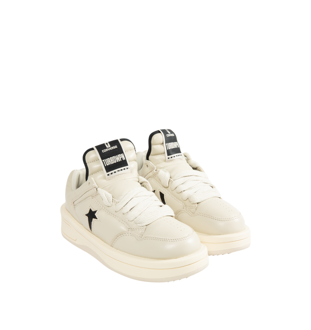 Image 2 of 5 - WHITE - Rick Owens DRKSHDW x Converse TURBOWPN Ox Sneakers featuring low-top, buffed leather, perforated detailing at toe and sides, lace-up closure, logo flag at extended padded tongue, padded collar, logo cutout at sides, buffed faux-leather lining and treaded rubber platform sole.