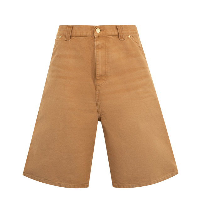 Image 1 of 3 - BROWN - CARHARTT WIP OG Single Knee Denim Shorts featuring non-stretch organic cotton denim shorts, belt loops, five-pocket styling, zip fly, patch pocket and hammer loop at outseam, logo patch at back pocket and logo-engraved gold-tone hardware. 100% cotton.