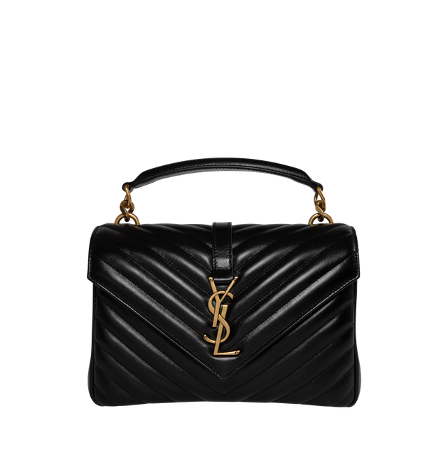 Image 1 of 3 - BLACK - SAINT LAURENT College Medium Bag featuring chevron quilt overstitching, double compartment, interior zipped pocket, large back slot pocket, swivel hook chain strap and magnetic snap tab. 9.4 X 6.6 X 2.5 inches. 100% lambskin. Made in Italy.  