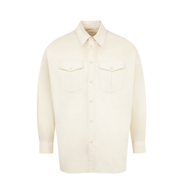 Image 1 of 2 - WHITE - LEMAIRE Western Shirt featuring relaxed fit, dropped collar, pointed collar, two chest pockets with pleats and flaps, mother-of-pearl snaps with metal edge and arched back yoke with single pleat. 100% cotton. Made in Tunisia.
