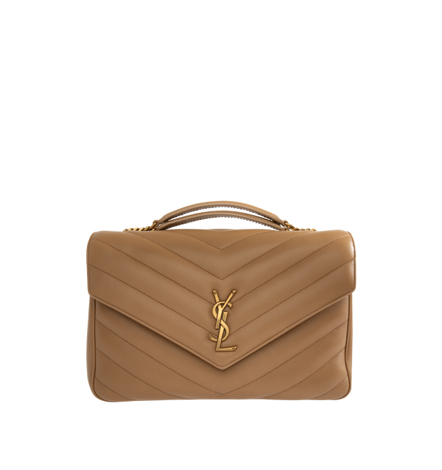 Image 1 of 4 - BROWN - SAINT LAURENT Loulou Large Bag featuring chain bag in soft lambskin with chevron-quilted topstitching, a removable leather pouch and pocket mirror, a sliding chain strap, grosgrain lining, bronze-toned hardware, magnetic snap closure and one flat pocket. 12.6" x 8.7" x 3.9". 90% lambskin, 10% brass. Made in Italy.