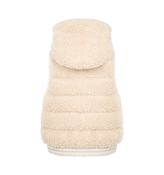 Image 2 of 2 - WHITE - MONCLER GRENOBLE Teddy Fleece Puffer Vest featuring hooded neckline with adjustable drawstrings, two-way zipper closure, sleeveless, embroidered chest logo patch, side zipped pockets and elasticized drawstring hem. Nylon/polyamide/polyester. Fill: down/feather.