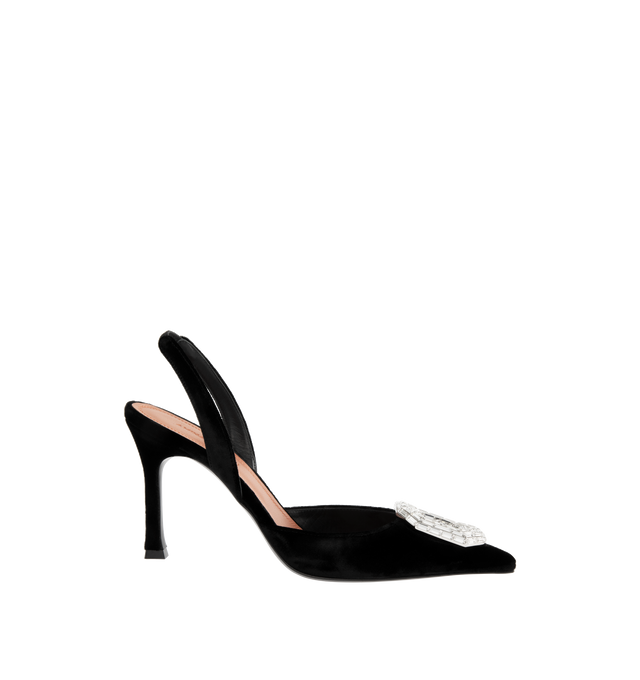 Image 1 of 4 - BLACK - AMINA MUADDI Camelia 90 Velvet Slingback Pumps featuring rectangular crystal embellishments on the vamps, pointed toe and 90mm heels. Upper: velvet. Lining: leather. Sole: leather insole, leather and rubber sole. Made in Italy