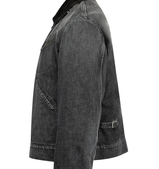 Image 3 of 3 - BLACK - MAISON MARGIELA Cotton Denim Workwear Zip Jacket featuring hidden front zip closure, 3-pocket design, buttoned cuffs, corduroy collar with fringe trim and midweight denim. 100% cotton. Made in Italy.