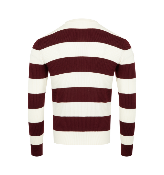 Image 2 of 3 - RED - MONCLER Striped Wool Sweater featuring rib knit, gauge 14, crew neck and leather logo patch. 100% virgin wool.