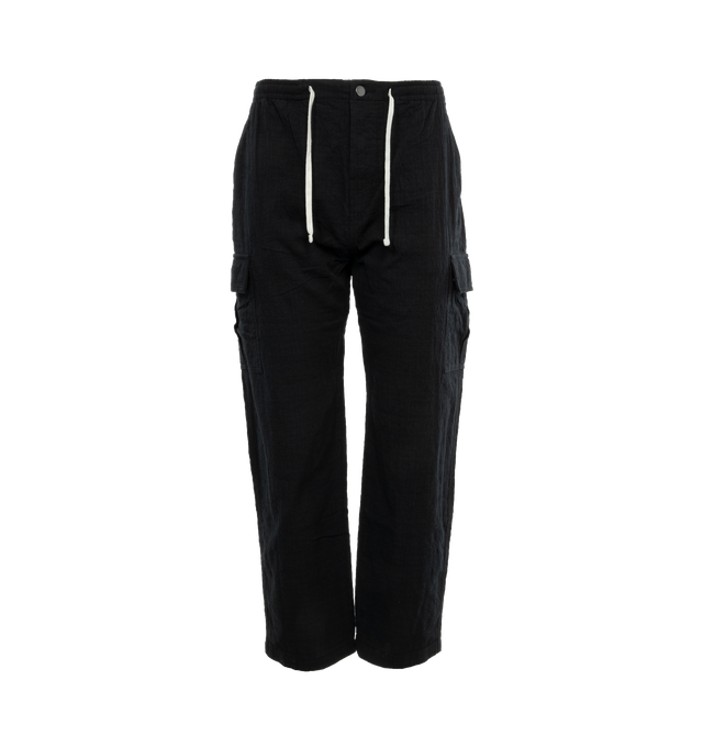 Image 1 of 3 - BLACK - LITE YEAR Cargo Pant featuring side pockets, back flap pocket closure, antique Nickel hardware button closure and drawstring waistband. 100% cotton. 