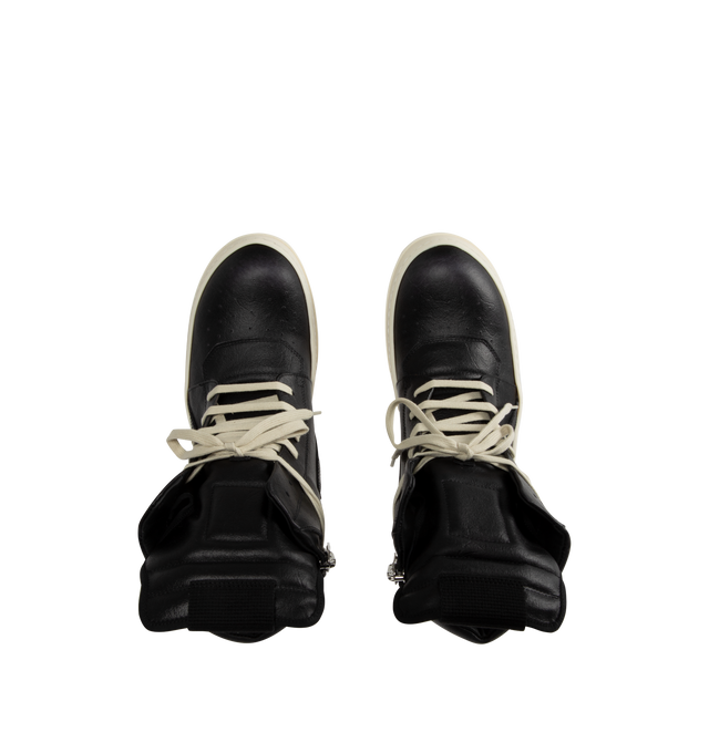 Image 5 of 5 - BLACK - Rick Owens Geobasket Sneakers featuring high-top, LWG-certified grained calfskin, perforated detailing at toe, lace-up closure, pull-loop at extended padded tongue, quilted padded collar, zip closure at inner side, buffed calfskin lining and treaded rubber sole. Upper: calfskin. Sole: rubber. Made in Italy.