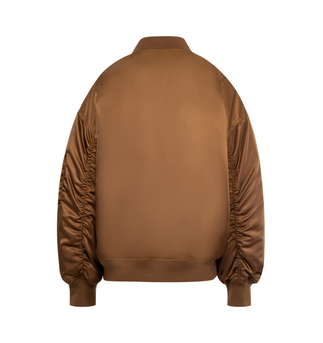 Image 2 of 3 - BROWN - SAINT LAURENT Bomber Jacket featuring drop shoulders, rib-knit trims, viscose and cotton lining, front zip closure, two welt pockets with snap-button flat at the front, one zip utility pocket at the sleeve, two inner snap-button welt pockets, baseball collar and ribbed trims. 100% polyamide. Made in Italy.