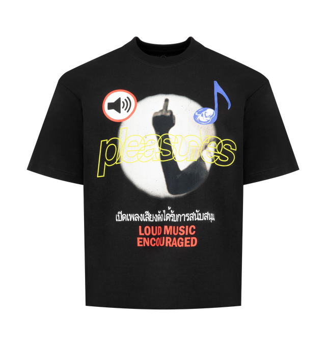 Image 1 of 2 - BLACK - PLEASURES Loud Music T-Shirt featuring short sleeves, crewneck, graphic print and straight hem. 100% cotton. Made in Mexico.