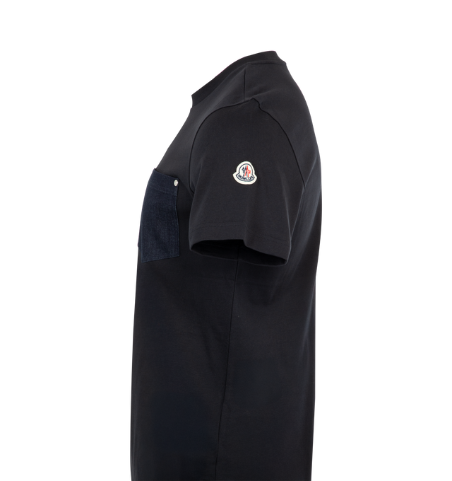 Image 3 of 3 - NAVY - MONCLER Cotton & Denim T-Shirt with Pocket featuring organic cotton jersey, crew neck, short sleeves and denim chest pocket. 100% cotton. Made in Turkey.