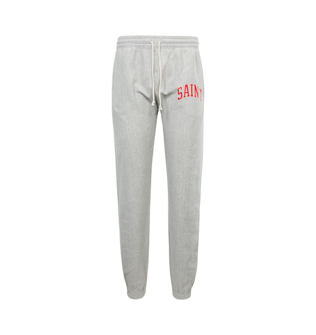 Image 1 of 3 - GREY - SAINT MICHAEL Arch Sweatpants featuring elastic drawstring waist, in-seam side pockets, one back patch pocket, elastic cuffs and screen-printed branding. 89%cotton, 8% polyester, 3% rayon.  