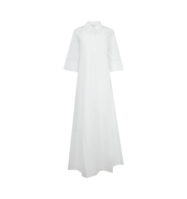 Image 1 of 2 - WHITE - THE ROW Eveline Dress featuring hidden button front closure, point collar, drop shoulder, elbow sleeves, semi-sheer fabric, ankle length and relaxed fit. Outer: 100% cotton. Inner: 100% silk. Made in Italy.