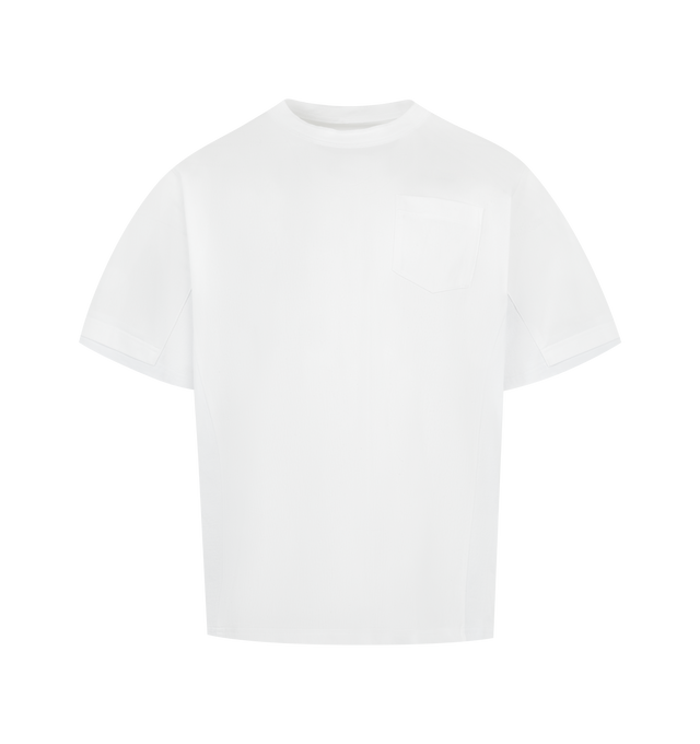 Image 1 of 2 - WHITE - SACAI Cotton Jersey T-shirt featuring rib-knit crewneck, embroidered logo and patch pocket at chest, short sleeves and dropped shoulders. 100% cotton. Made in Japan.