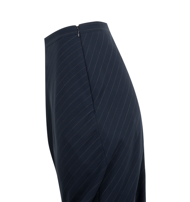 Image 3 of 3 - NAVY - BALENCIAGA Twisted Tailored Skirt featuring pinstripe tailoring wool, side zip and hook closure, twisted construction and cupro lining. 100% wool. Made in Italy.