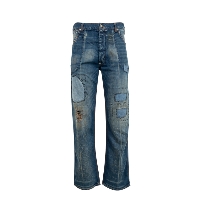 Image 1 of 3 - BLUE - GALLERY DEPT. Bare Knuckle Jean featuring 5-pocket design, patches throughout, straight leg and GD custom hardware. 100% cotton. Made in USA.