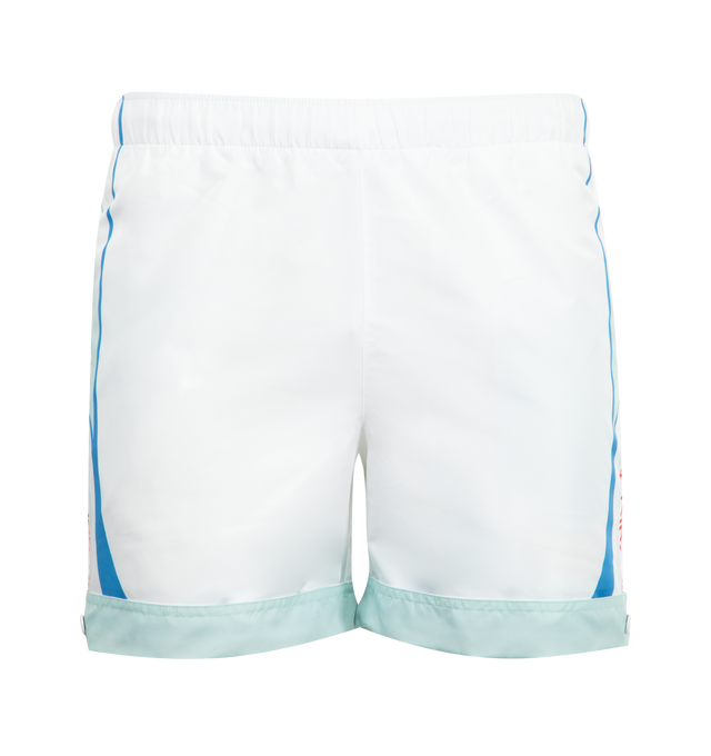 Image 1 of 3 - WHITE - CASABLANCA Fuji Printed Swim Shorts featuring elasticated waistband, 2 side pockets, fully lined and printed branding. 100% polyester. Made in Portugal.