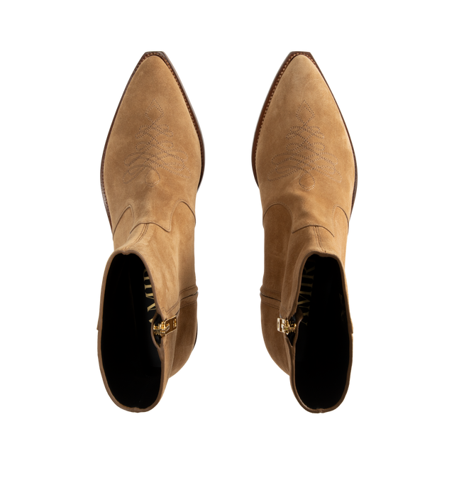 Image 4 of 4 - NEUTRAL - Amiri Men's Suede MA Pointy Boots are crafted from premium suede and feature a sleek pointed-toe silhouette with a streamlined profile for a refined Western-inspired look. These designer ankle boots combine exceptional craftsmanship with Amiri's signature luxury aesthetic, creating a versatile statement style that transitions effortlessly from day to evening. Main Material: Suede. Sole: Leather.