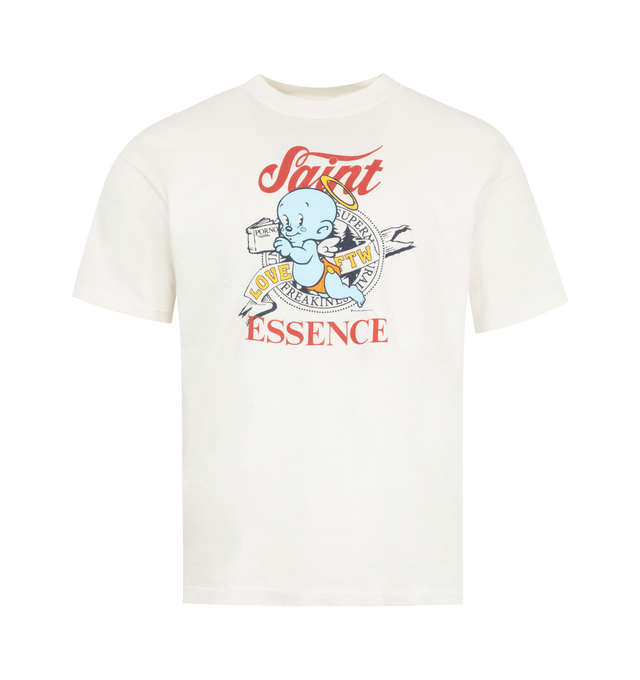 Image 1 of 2 - WHITE - SAINT MICHAEL Baby Michael Tee featuring ribbed crewneck, short sleeves and graphic print on front. 100% cotton. Made in Japan.