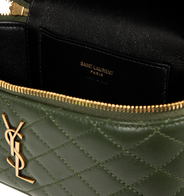 Image 3 of 3 - GREEN - Saint Laurent Gaby Mini Vanity Bag featuring zip closure, one card slot, diamond quilted overstitching, leather top handle and detachable strap. Fits a phone, keys, wallet, and other small essentials. 100% lambskin. Made in Italy.