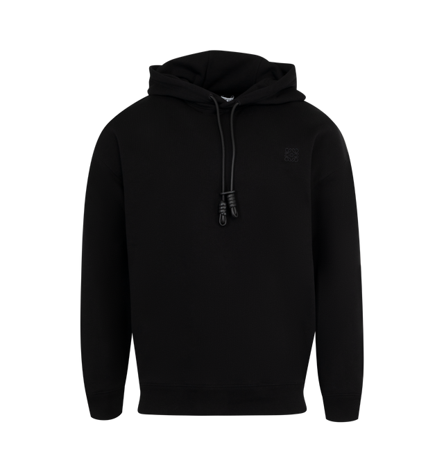 Image 1 of 2 - BLACK - LOEWE Men's Relaxed fit hoodie in medium-weight loopback cotton fleece featuring a Flamenco-inspired leather drawstring. Relaxed fit, regular length featuring ribbed cuffs and hem, hooded collar and Anagram embroidery placed on the chest. Made in Portugal.