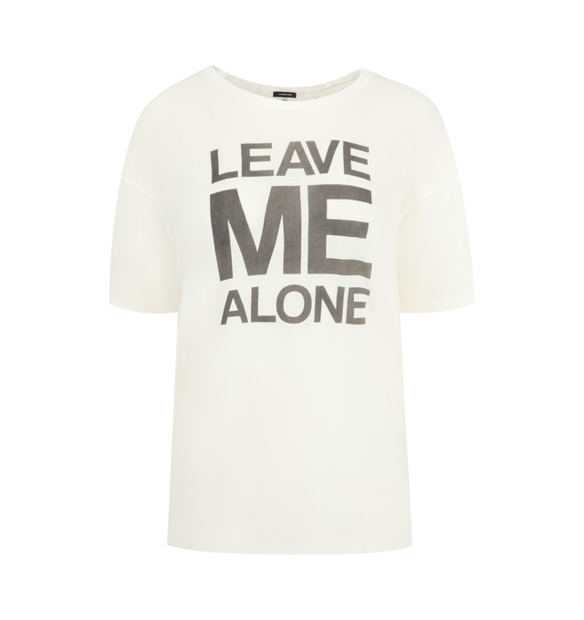 Image 1 of 2 - WHITE - R13 Leave Me Alone T featuring crewneck, short sleeves, dropped shoulders, relaxed fit and text on front. 95% cotton, 5% cashmere.