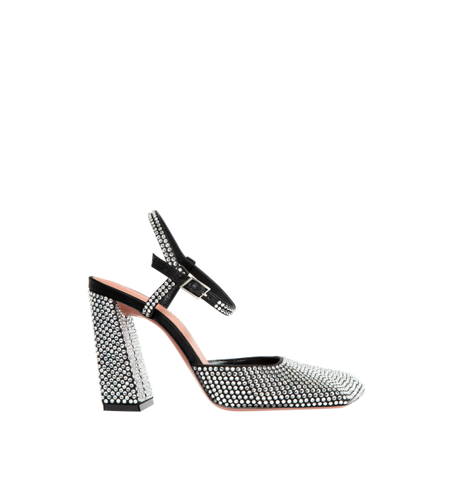 Image 1 of 4 - BLACK - AMINA MUADDI Charlotte Crystal Pump featuring satin finish, block heel, glass crystal embellishment, square toe, buckle-fastening ankle strap, leather lining and branded footbed. 95MM. 100% polyurethane. 