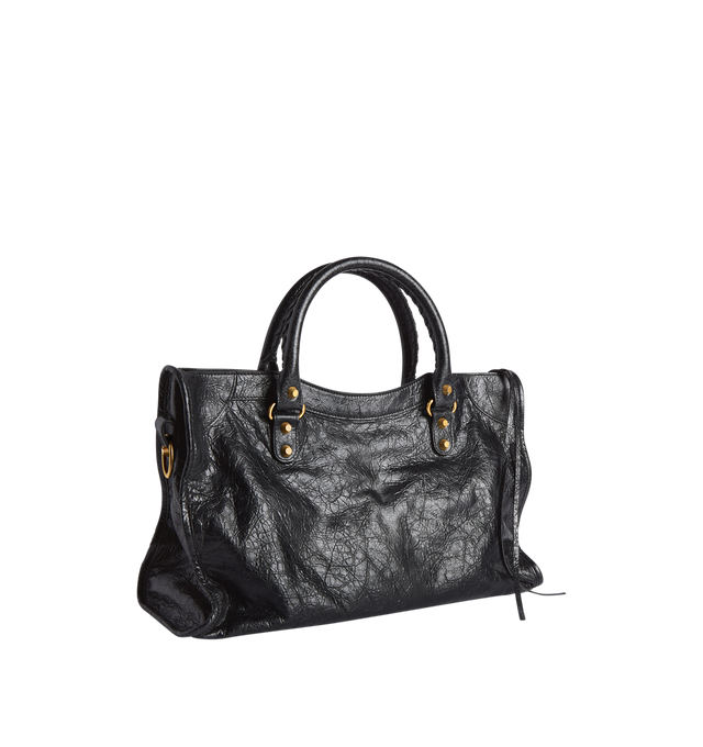 Image 2 of 4 - BLACK - BALENCIAGA Le City Bag Medium featuring arena lambskin, two leather hand-braided handles, adjustable and removable shoulder strap, aged-gold hardware, zipped closure with knotted leather puller, front zipped pocket with knotted leather puller, 1 inner zipped pocket and cotton canvas lining. 15.1" x 9.4" x 5.9". Lambskin. Made in Italy.