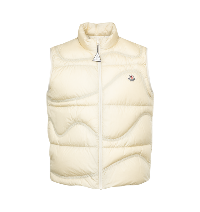 Image 1 of 2 - WHITE - MONCLER Beidaihe Down Vest featuring zip closure, stand collar, quilted, down-filled, felt logo patch woven on chest, two front pockets, single interior zipped pocket and adjustable drawcord hem. 100% polyamide. Filling: 90% down, 10% feather. 
