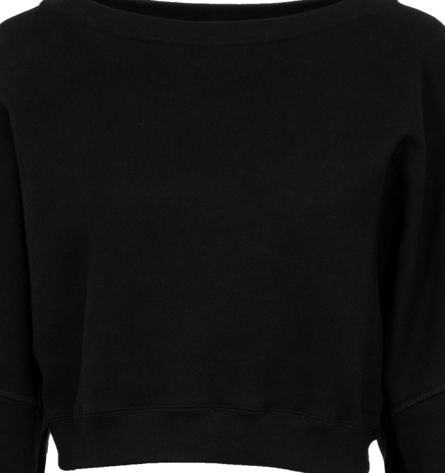 Image 3 of 3 - BLACK - SAINT LAURENT Cropped Sweater featuring wide round neck, ribbed trims, drop shoulder and tonal logo embroidery on sleeve. 100% cotton. Made in France.  