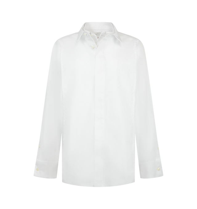 Image 1 of 2 - WHITE - Sacai Women's Poplin Vested Shirt featuring a front vest, long sleeves, classic collar, concealed front button closure. Materials: 65% Polyester; 35% Cotton.