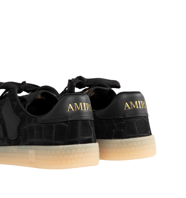 Image 3 of 5 - BLACK - AMIRI Croc Debossed Pacific Bones Sneaker featuring croc-debossed suede, low-profile, leather bone appliqus, MA icon-patterned rubber sole, suede upper, lace closure, branded tongue label and embossed branding.