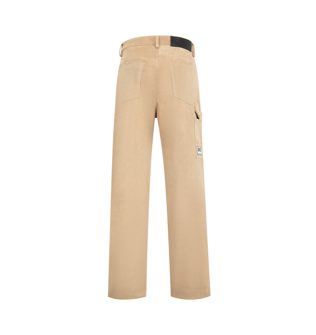 Image 4 of 5 - BROWN - NAHMIAS Suede Baggy Carpenter Pant featuring button zip closure, belt loops at waist, 5 pocket style with carpenter pocket at outseam and hammer loop. 100% leather.