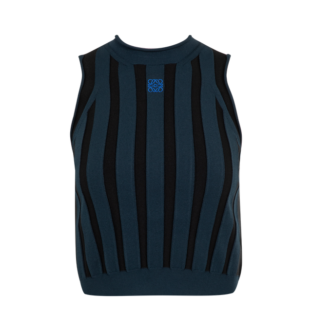 Image 1 of 2 - BLUE - LOEWE Top in lightweight stretch ribbed viscose blend featuring a rolled hem collar and armholes, slim fit, short length, wide rib jersey stitch, round neck, ribbed hem and anagram embroidery placed at the front. Viscose/polyester. Made in Italy.