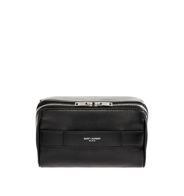 Image 1 of 3 - BLACK - SAINT LAURENT Small Cube Trousse Leather Toiletry Case featuring a top handle decorated with the embossed logo signature, zip-around closure, wide opening, one interior zip pocket and nylon lining. 3.9"H x 6.2"W x 3.93"D. Made in Italy.