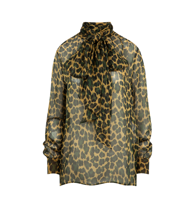 Image 1 of 2 - BROWN - SAINT LAURENT Lavallire Blouse featuring certified silk, a stand collar with lavallire tie, semi-sheer, tie closure at the back neck and one-button mitered cuffs. 100% silk. Made in Italy.